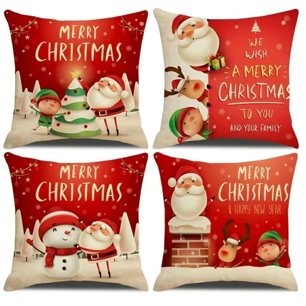 4pcs Linen Christmas Single Sided Printed Pillowcase For Home Christmas Decor